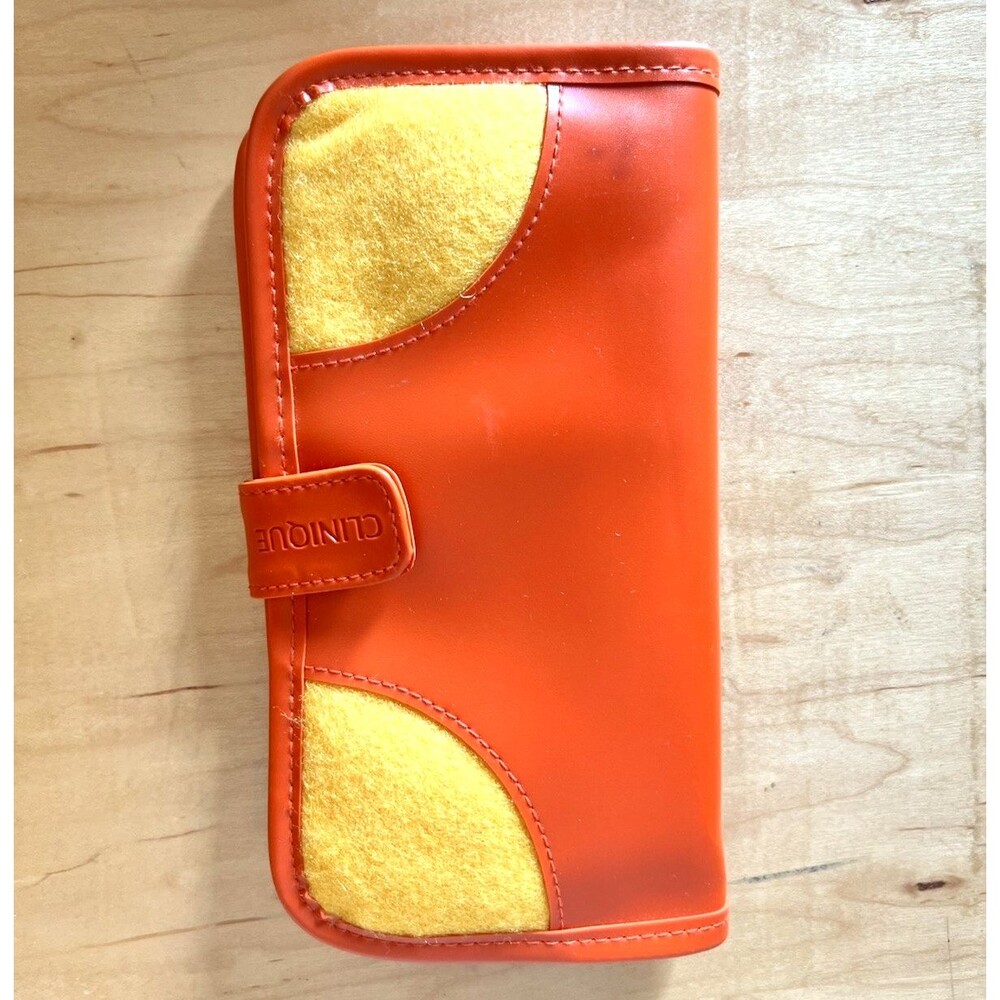 Clinique Make Up Bag w/ 4 Brushes Case Retro Design Snap Closure Felt Vinyl